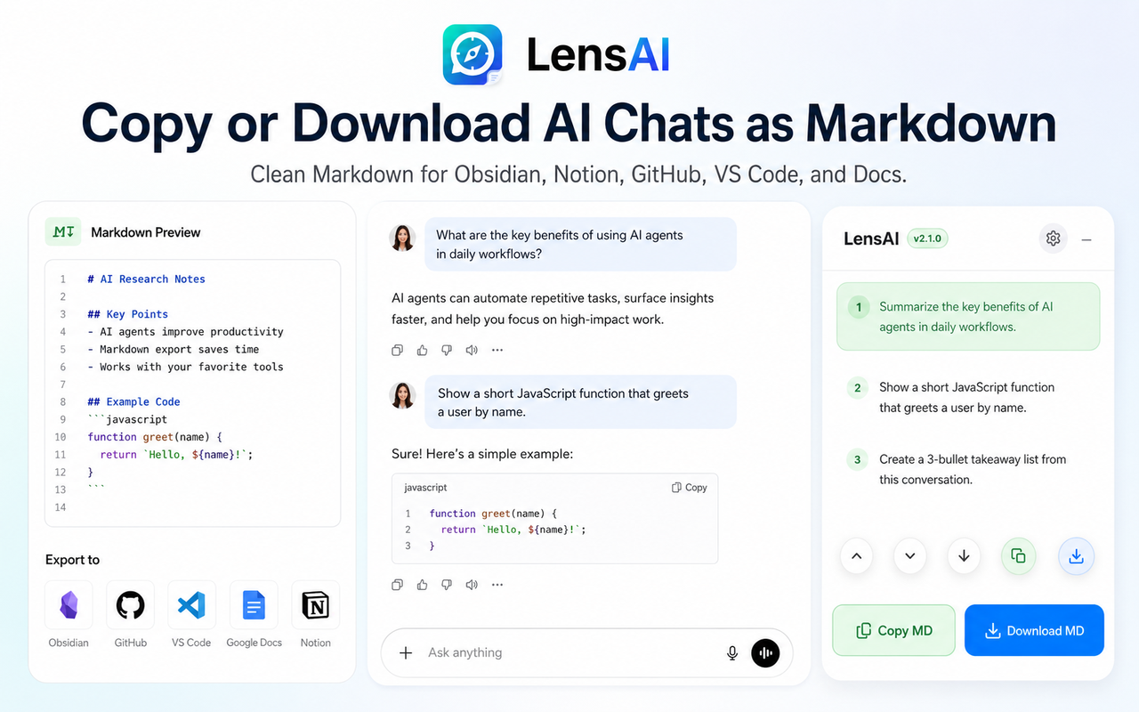 LensAI Markdown export panel
