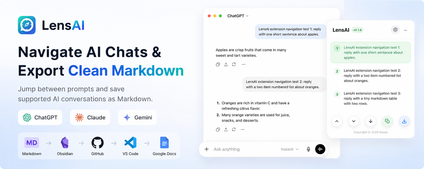 LensAI sidebar beside a supported AI chat with Markdown export controls
